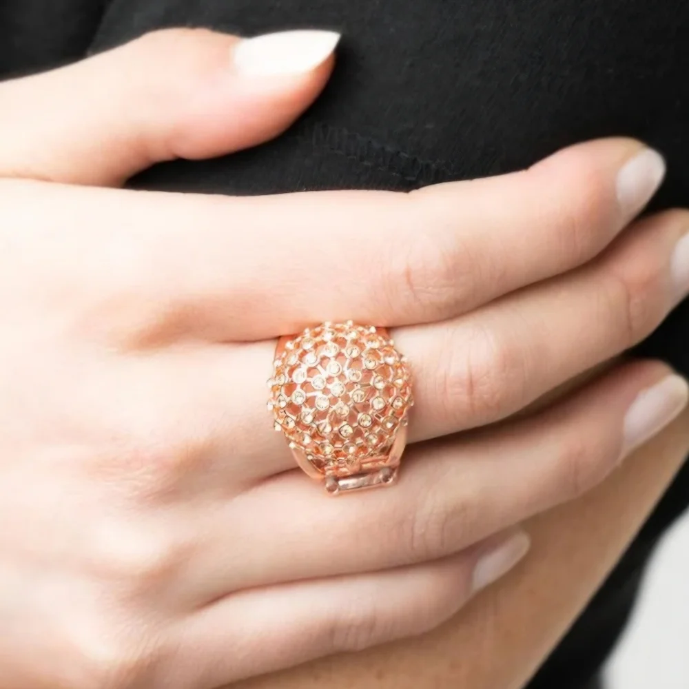 Magically Moroccan Champagne Crystal Round Dome Stretch Copper Cocktail Ring